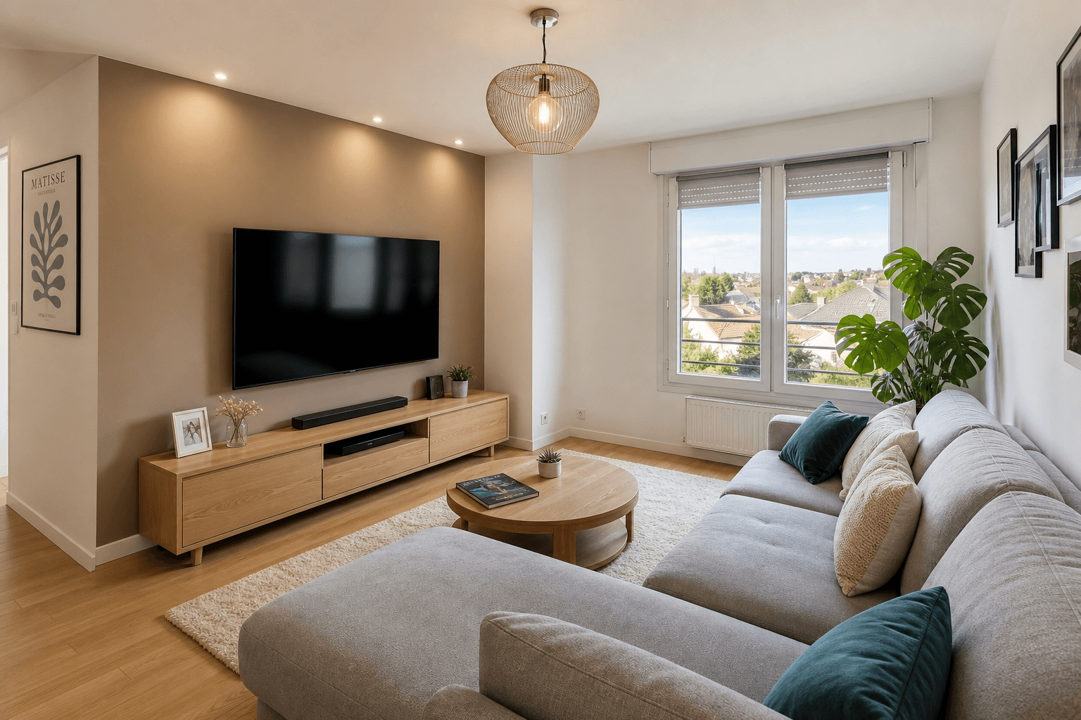 Salon lumineux et chaleureux d'un appartement à Ris-Orangis