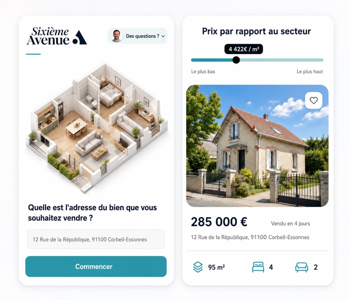 Aperçu de l'outil d'estimation Sixième Avenue comparant le prix d'un bien aux prix du secteur